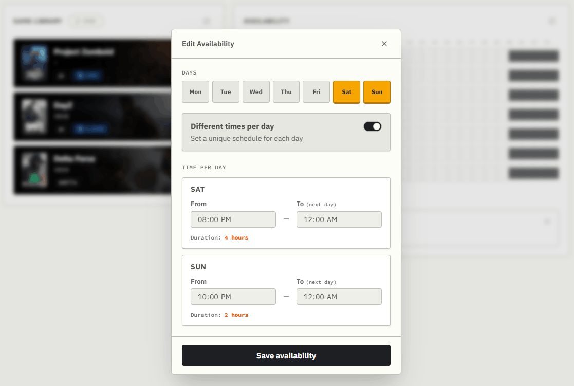 Setting gaming availability on Broop profile